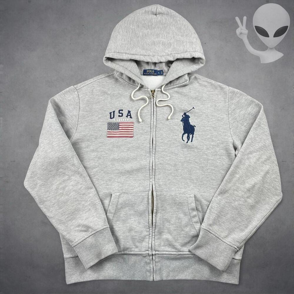 Polo Ralph Lauren Full Zip Hoodie Large Grey USA Big Pony Jacket Vintage 90s - Picture 2 of 6